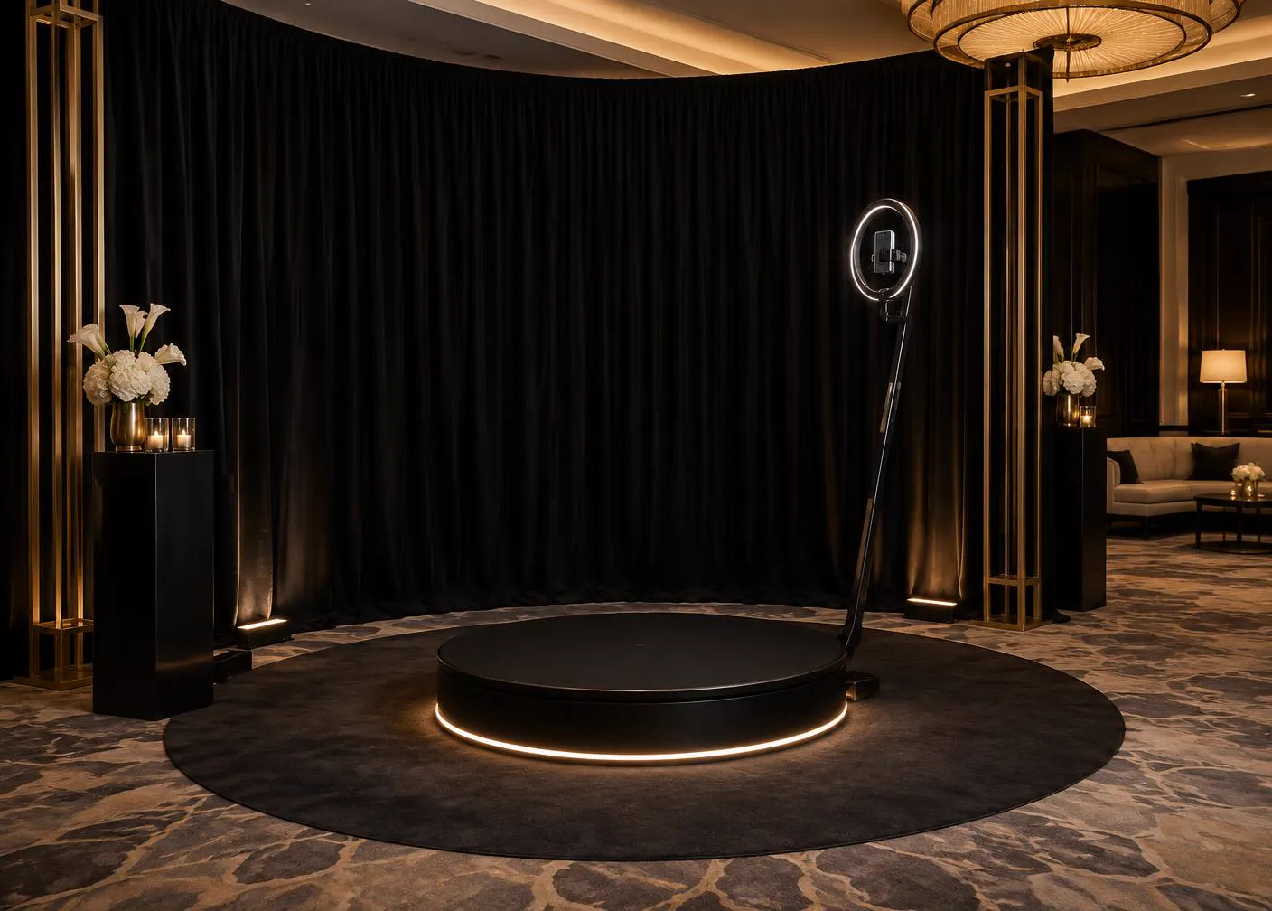 Black 360 photobooth platform in a refined event setting